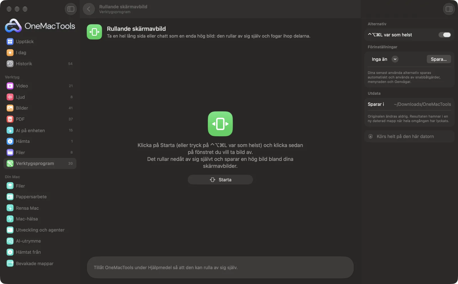 Rullande skärmavbild i OneMacTools på en Mac, med exempelfiler och alternativ