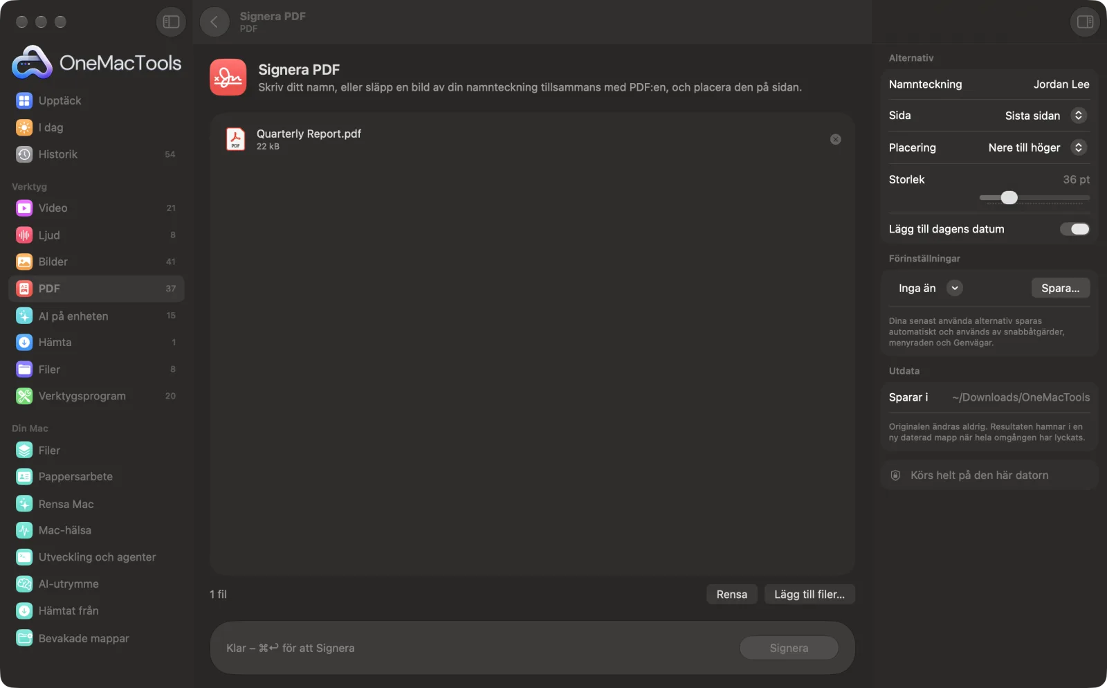 Signera PDF i OneMacTools på en Mac, med exempelfiler och alternativ