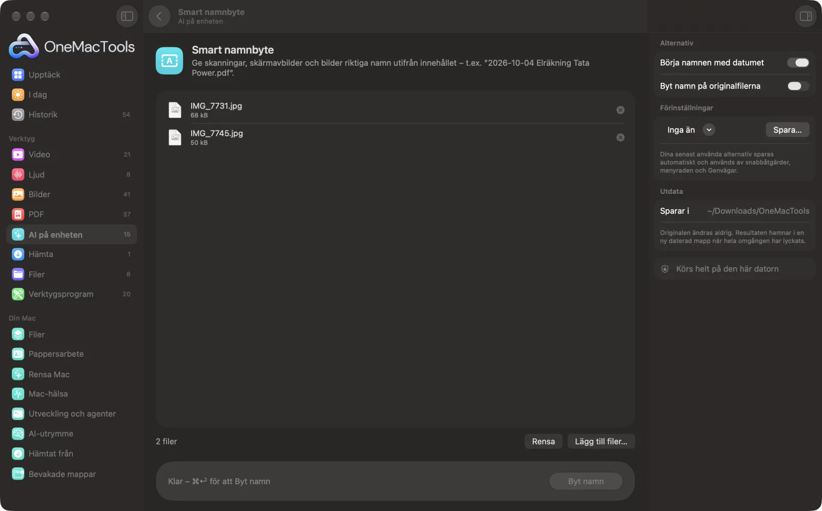 Smart namnbyte i OneMacTools på en Mac, med exempelfiler och alternativ