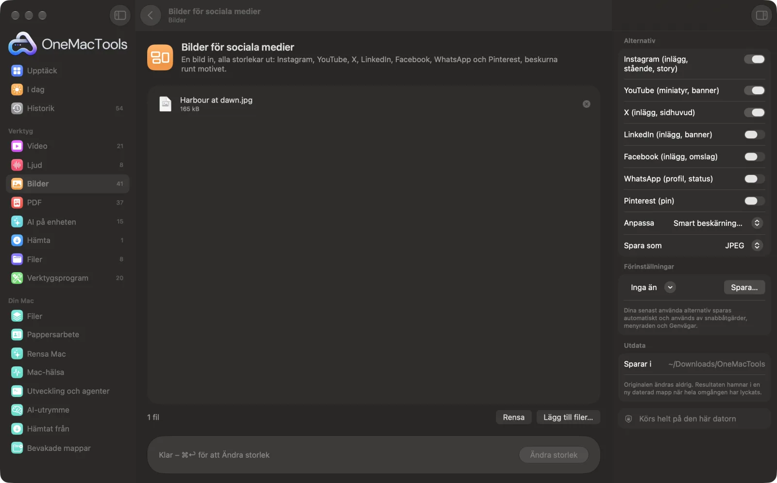 Bilder för sociala medier i OneMacTools på en Mac, med exempelfiler och alternativ