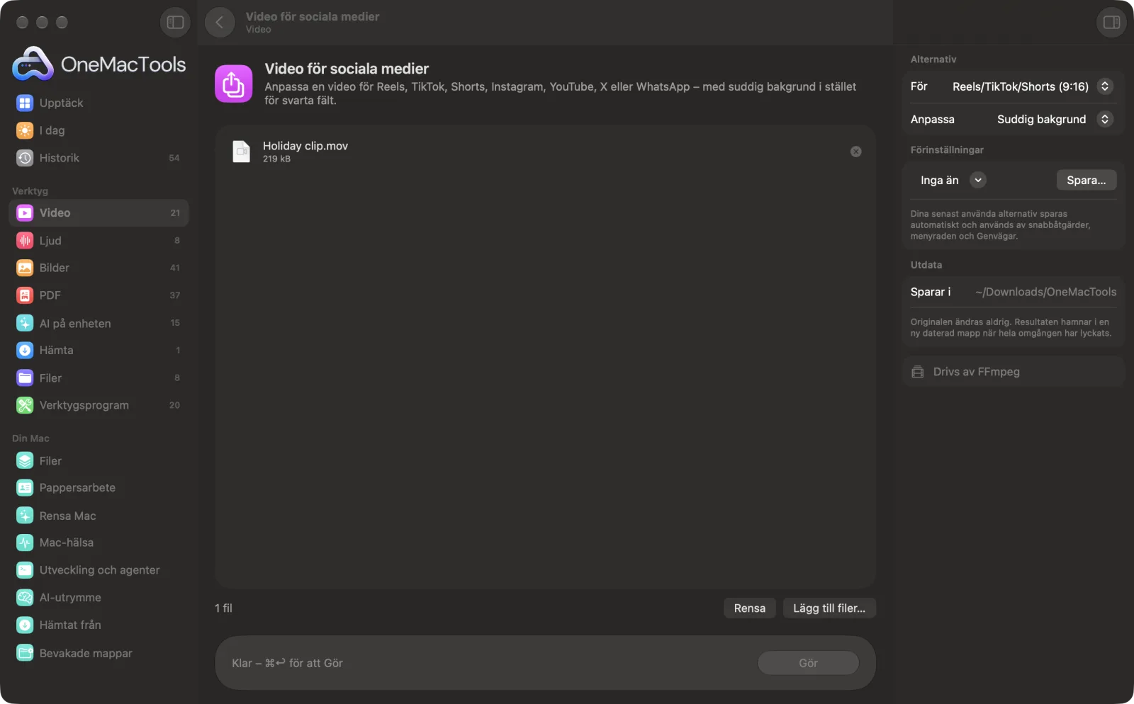 Video för sociala medier i OneMacTools med exempelfiler inlästa och alternativpanelen öppen