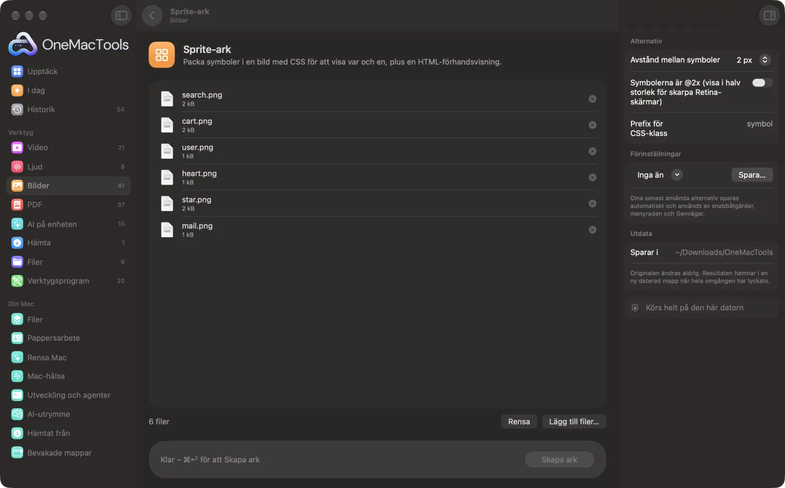 Sprite-ark i OneMacTools på en Mac, med exempelfiler och alternativ