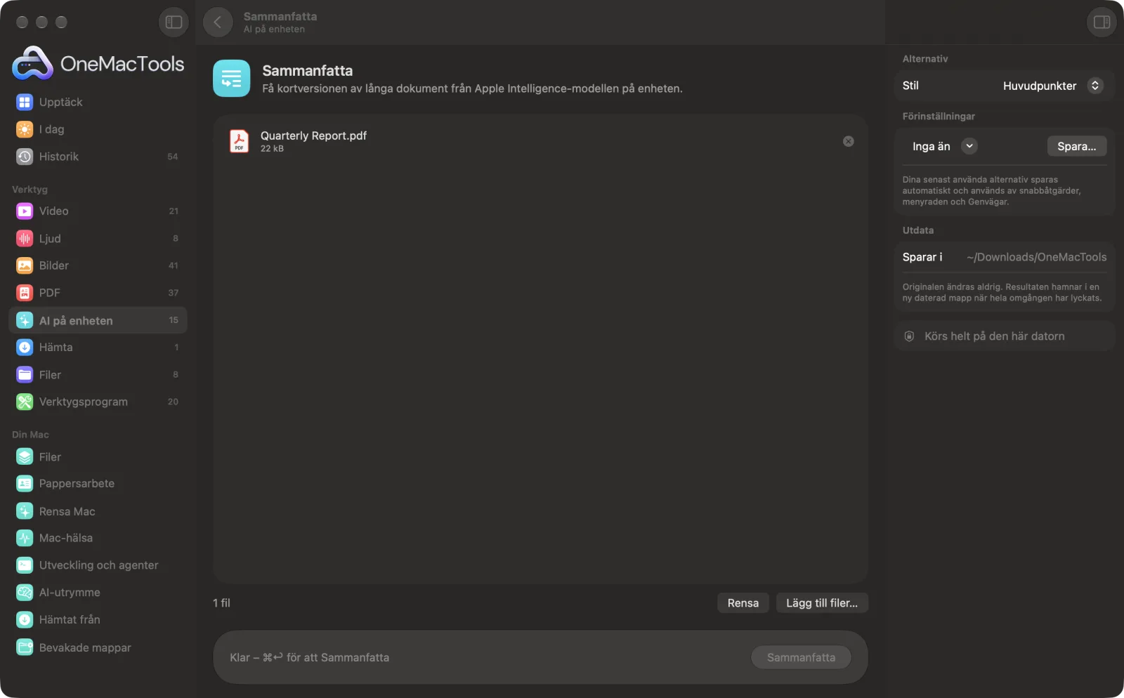 Sammanfatta i OneMacTools på en Mac, med exempelfiler och alternativ