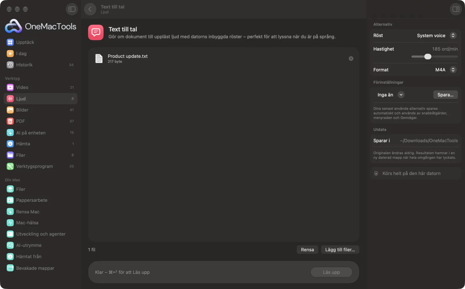 Text till tal i OneMacTools på en Mac, med exempelfiler och alternativ