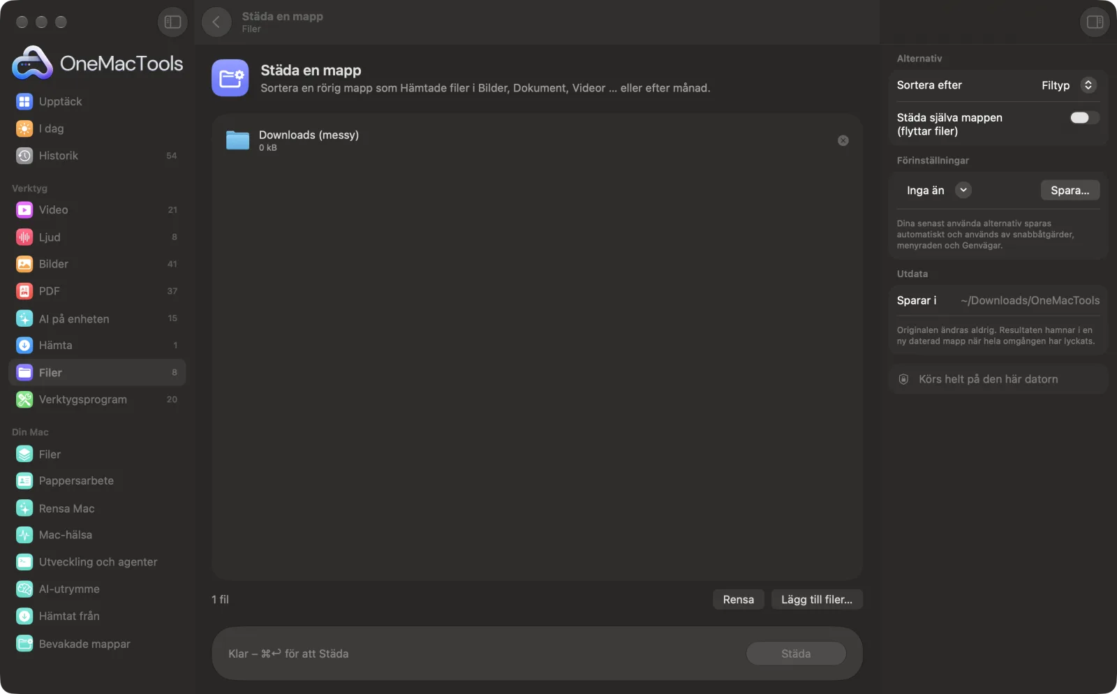 Städa en mapp i OneMacTools med exempelfiler inlästa och alternativpanelen öppen
