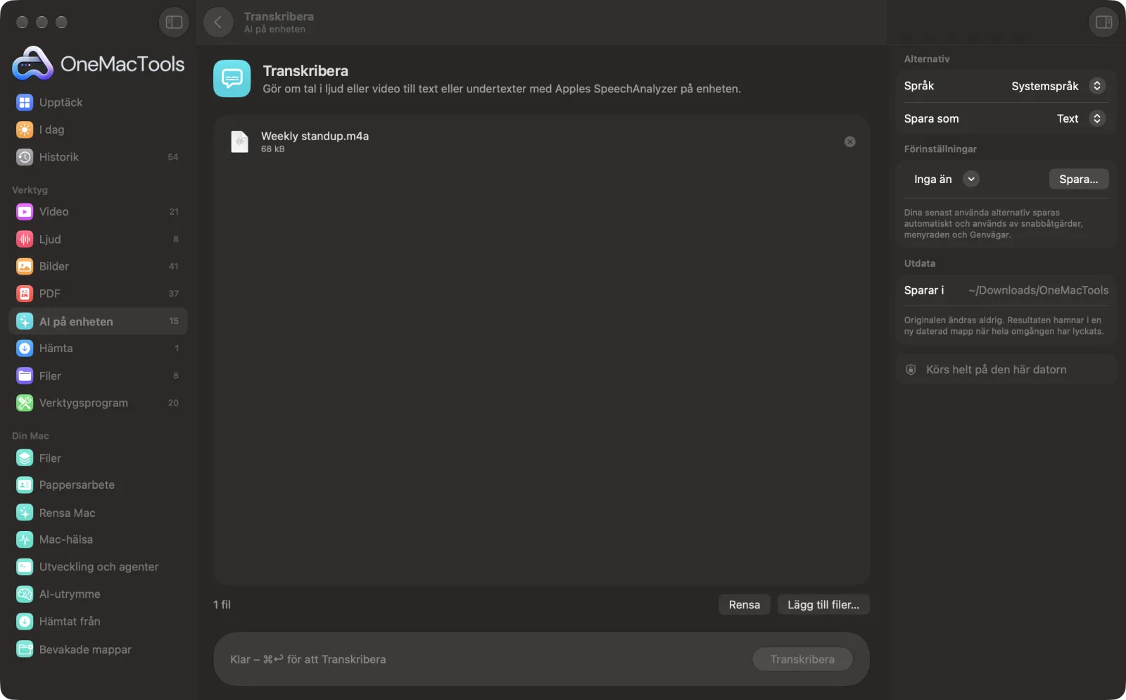 Transkribera i OneMacTools med exempelfiler inlästa och alternativpanelen öppen