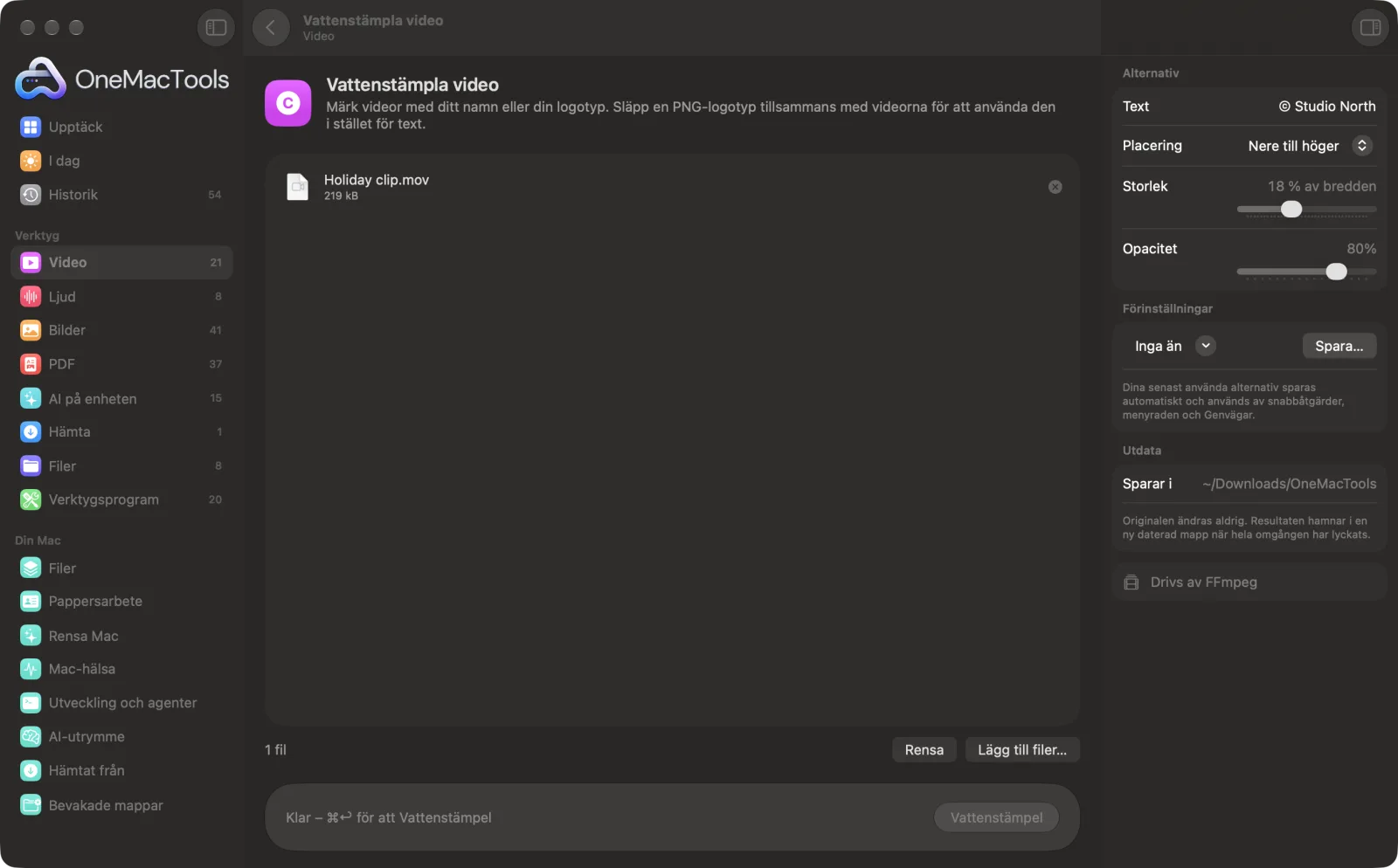 Vattenstämpla video i OneMacTools på en Mac, med exempelfiler och alternativ