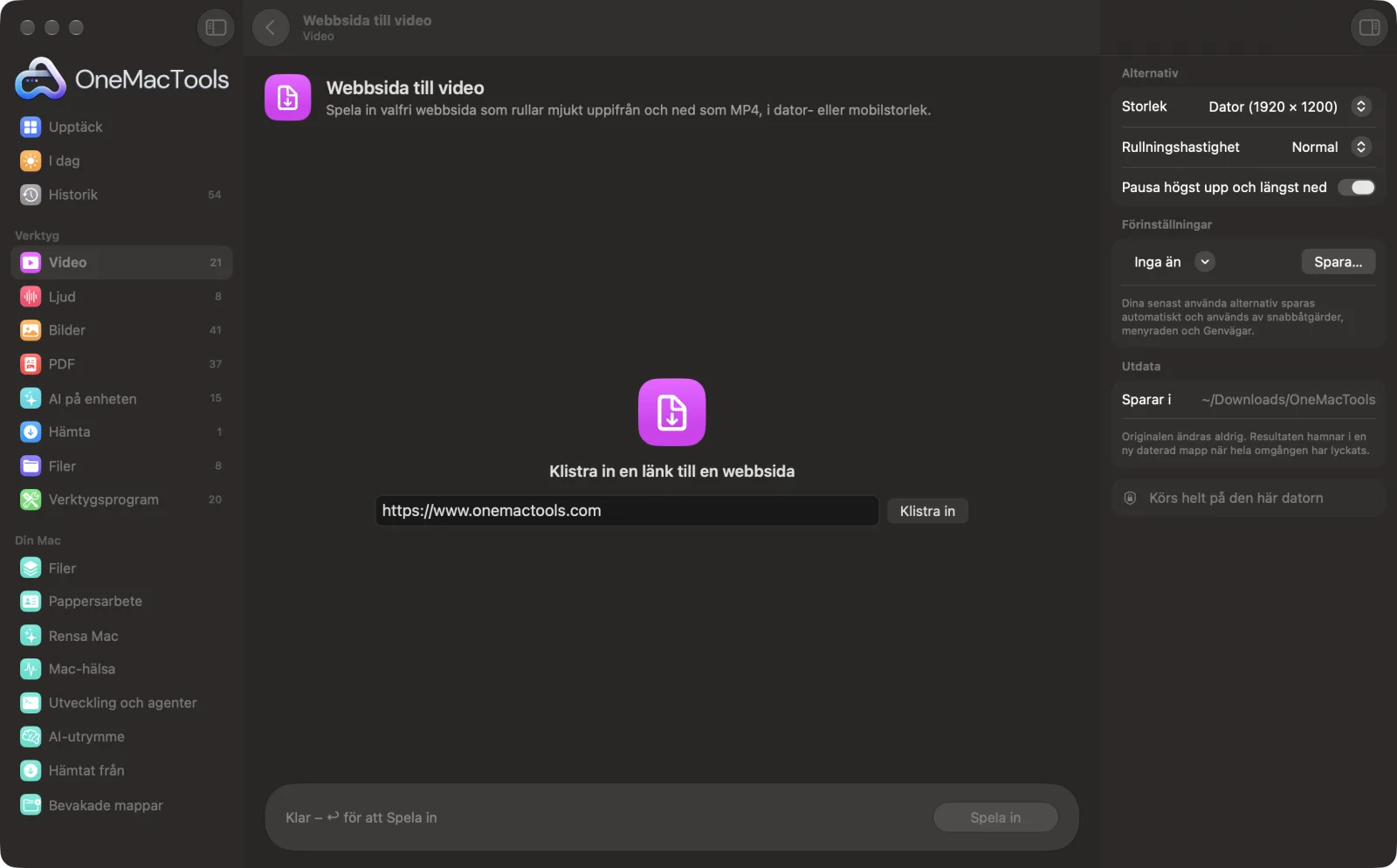 Webbsida till video i OneMacTools på en Mac, med exempelfiler och alternativ