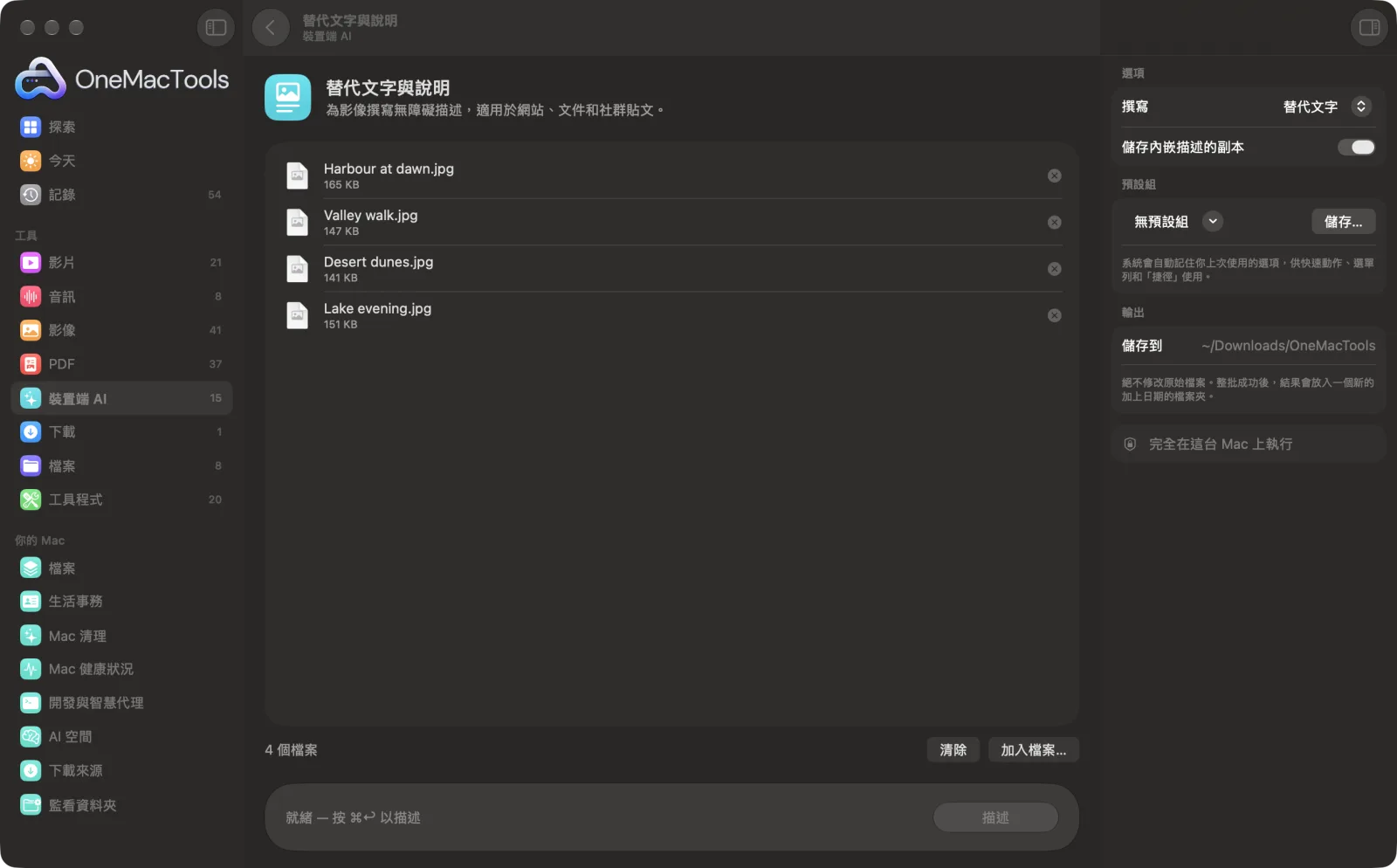 OneMacTools 中的「替代文字與說明」在 Mac 上執行,附範例檔案和選項