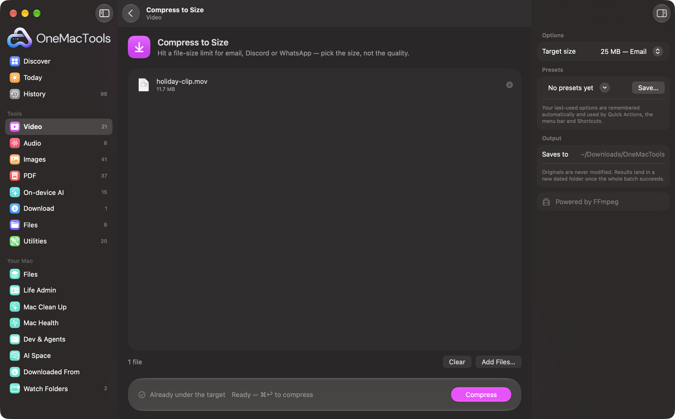 Compress to Size with the target set to 25 MB for email