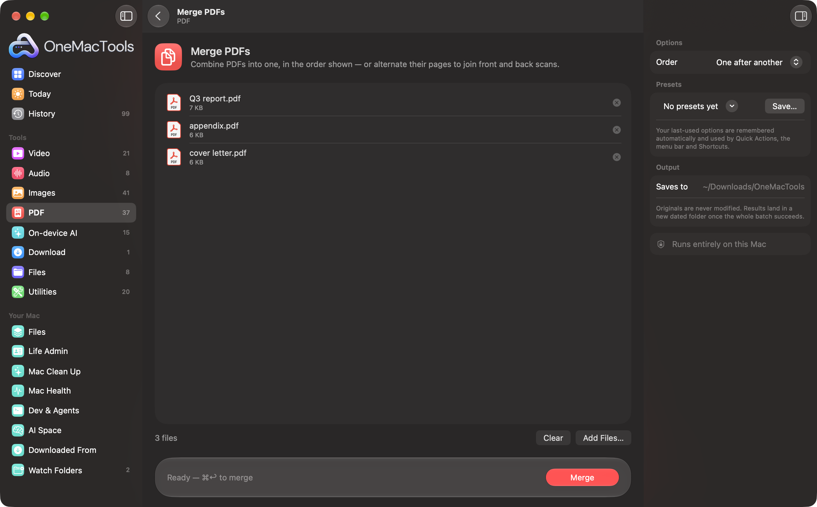 Merge PDFs with three files ready to combine