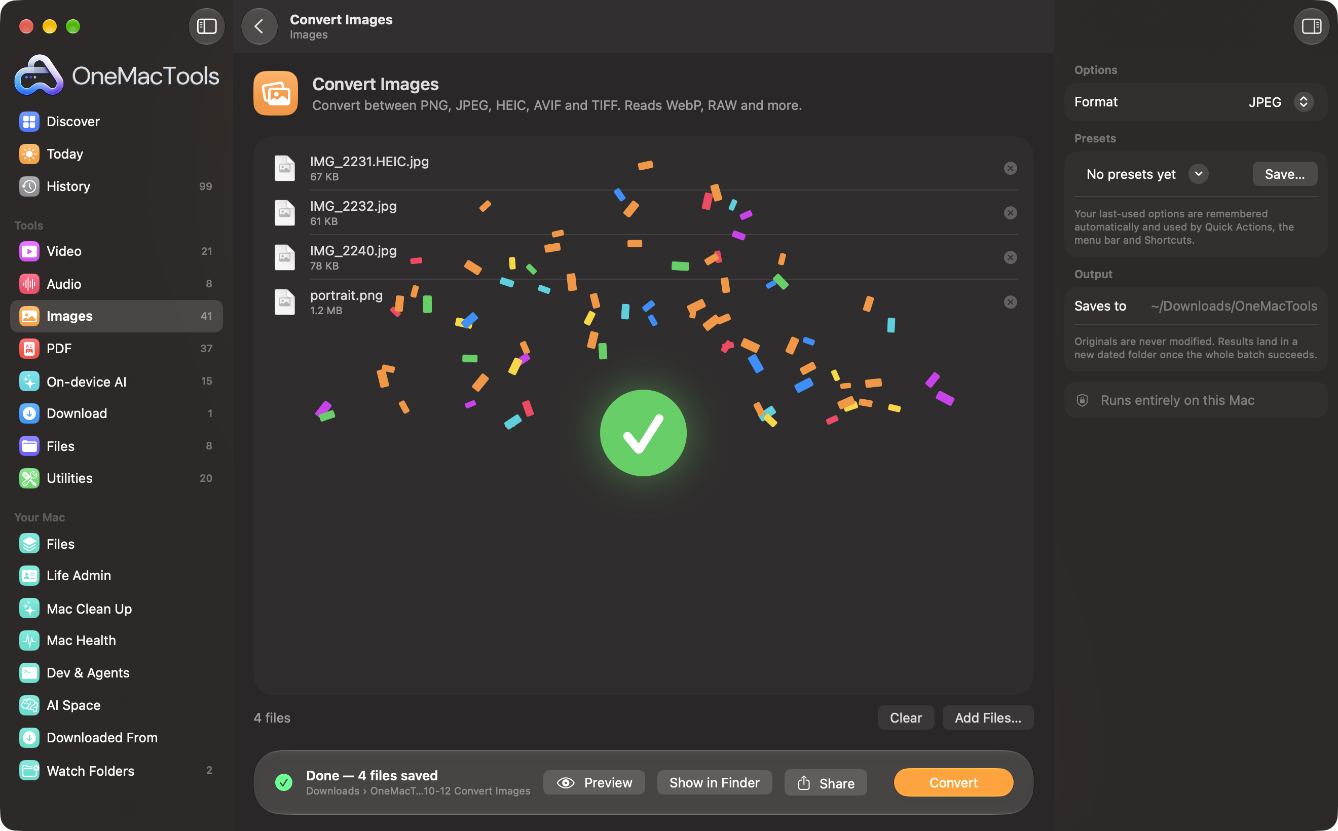 Convert Images finished: four files saved, with Preview, Show in Finder and Share