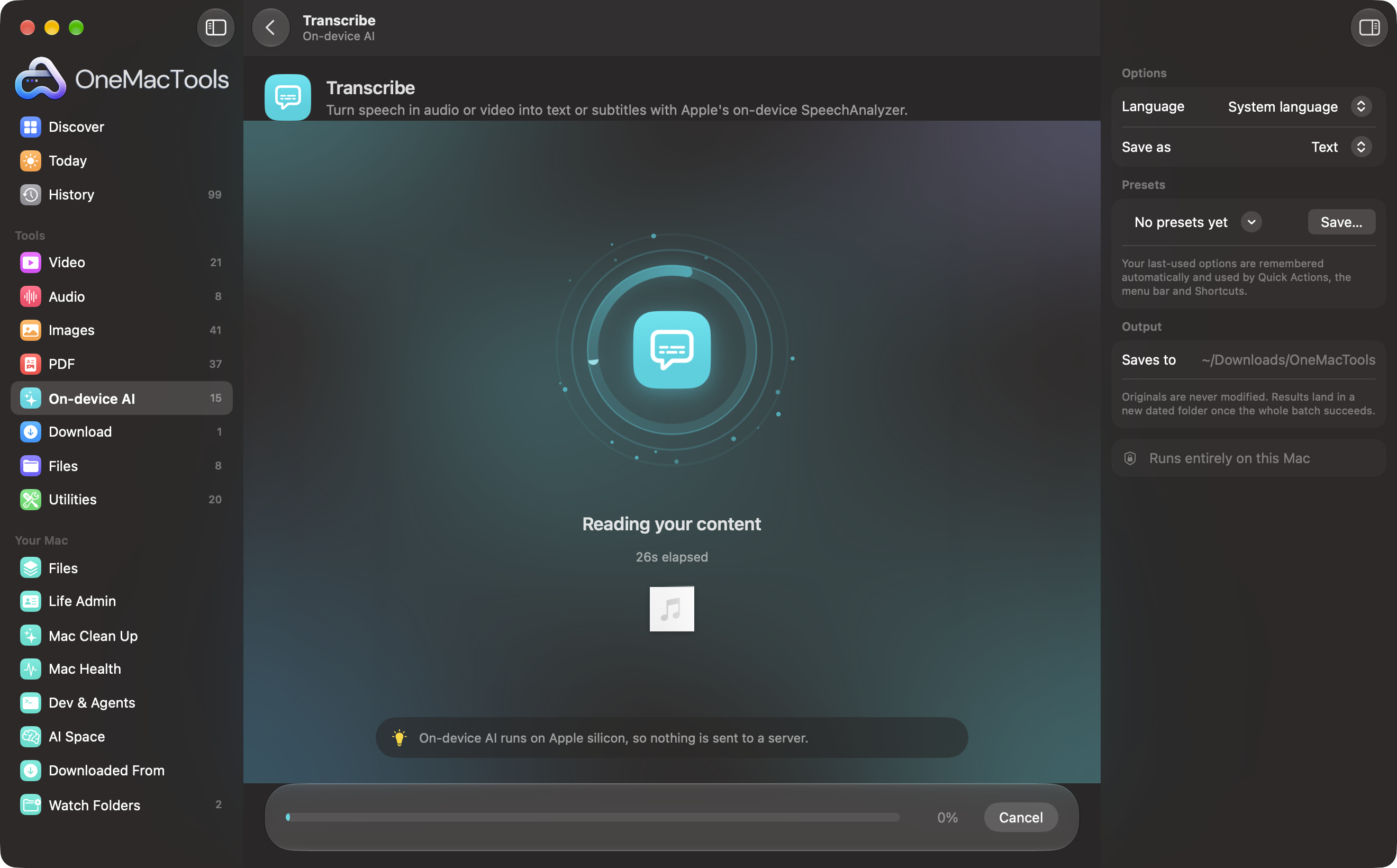 Transcribe working on a recording, with Language and Save as options on the right