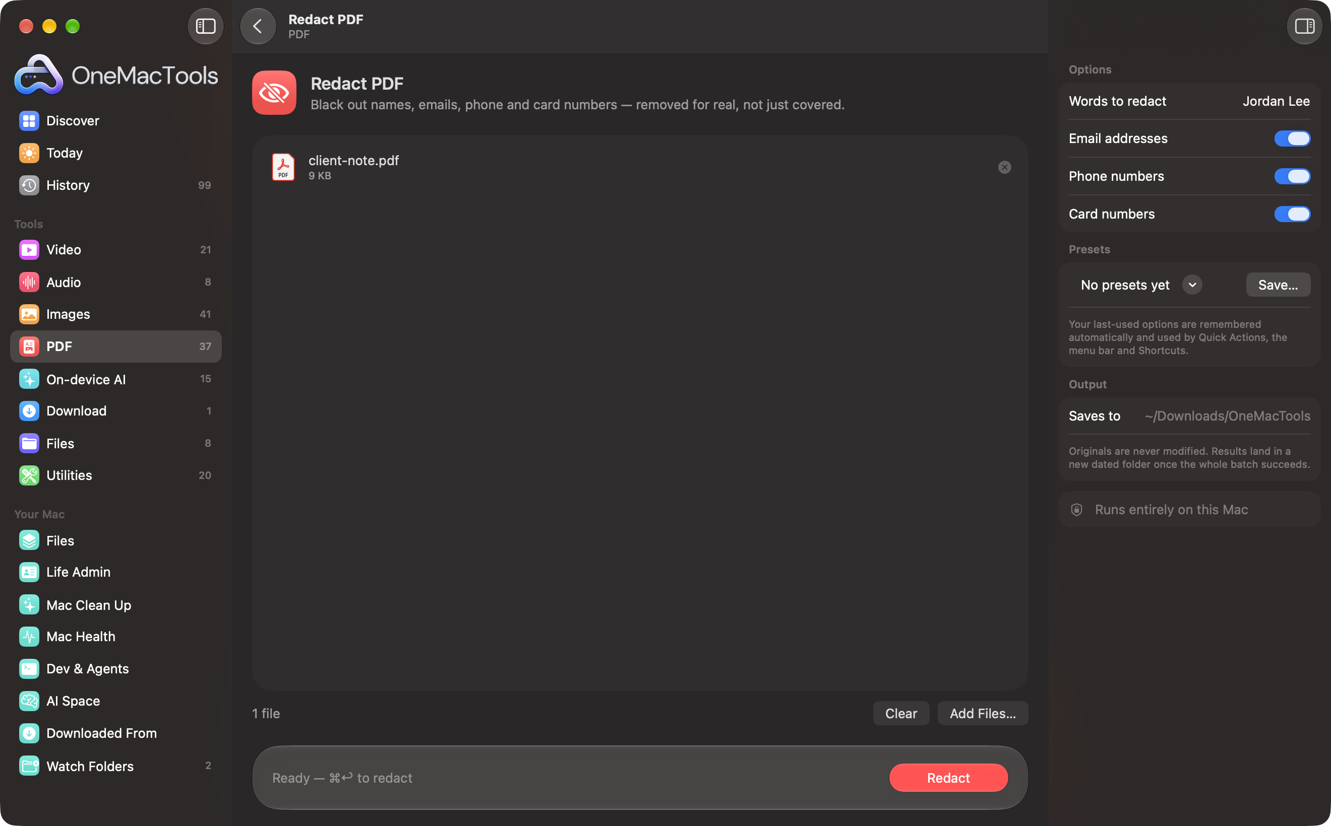 Redact PDF set to remove a name, email addresses, phone numbers and card numbers