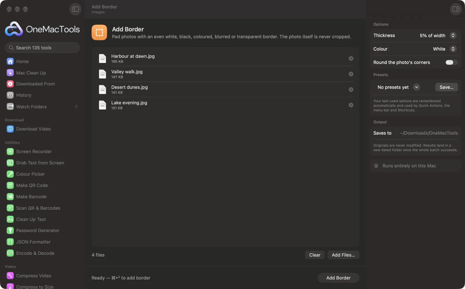 Add Border in OneMacTools on a Mac, with sample files and its options