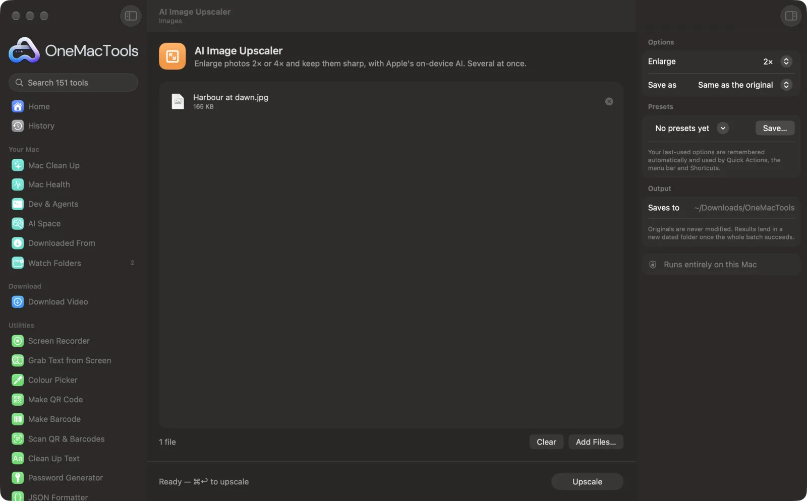 AI Image Upscaler in OneMacTools on a Mac, with sample files and its options