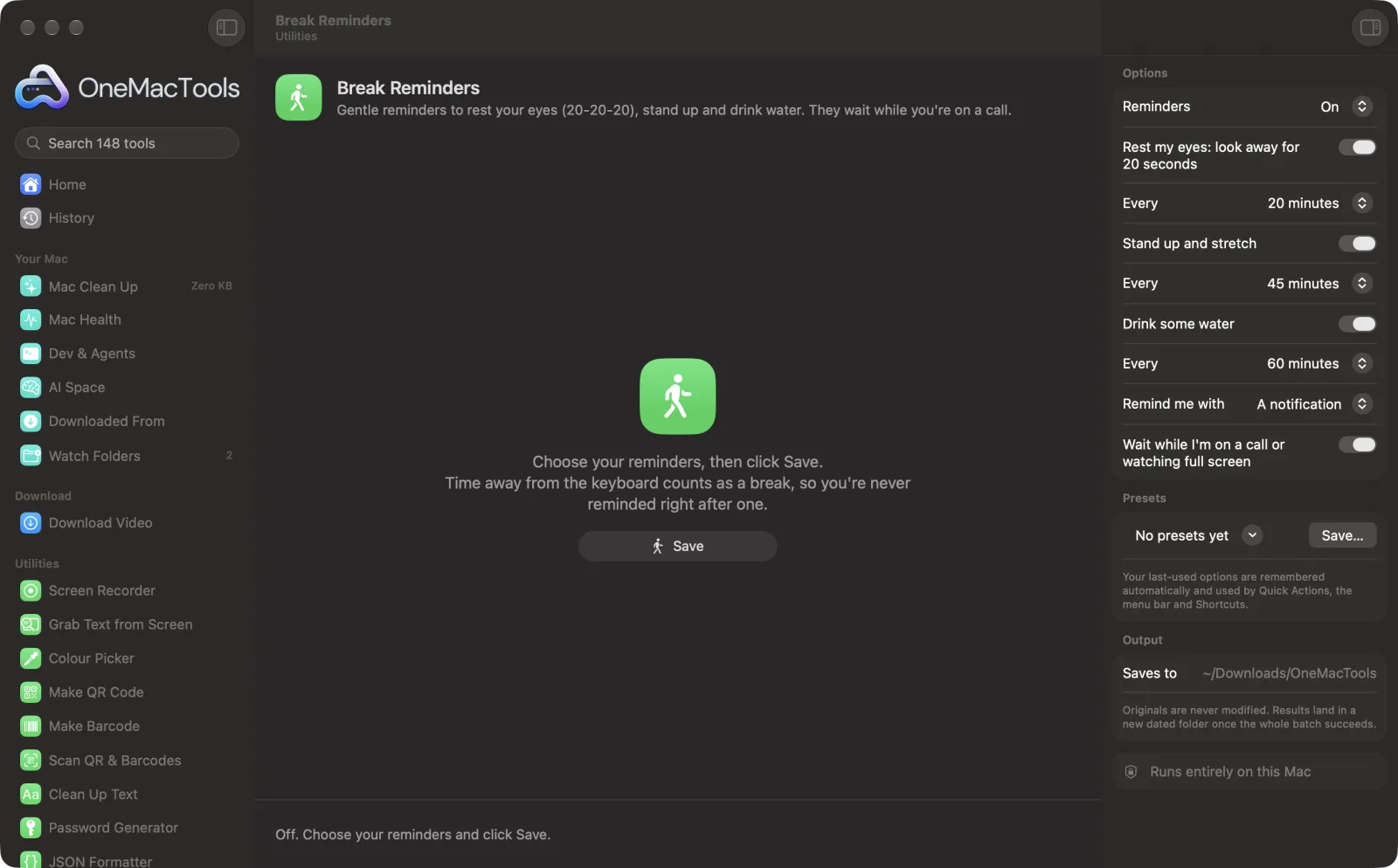 Break Reminders in OneMacTools on a Mac, with sample files and its options