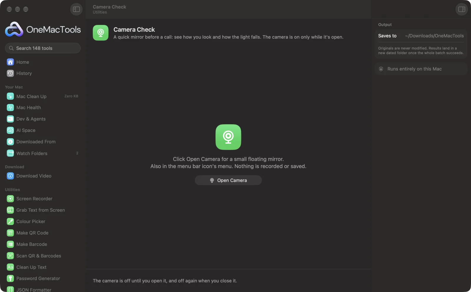 Camera Check in OneMacTools on a Mac, with sample files and its options