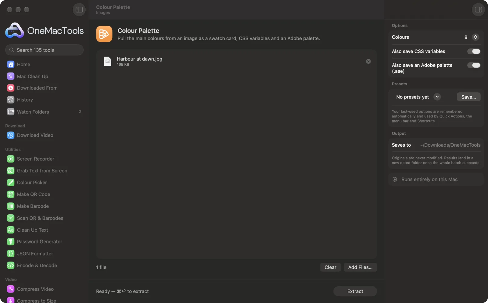 Colour Palette in OneMacTools on a Mac, with sample files and its options