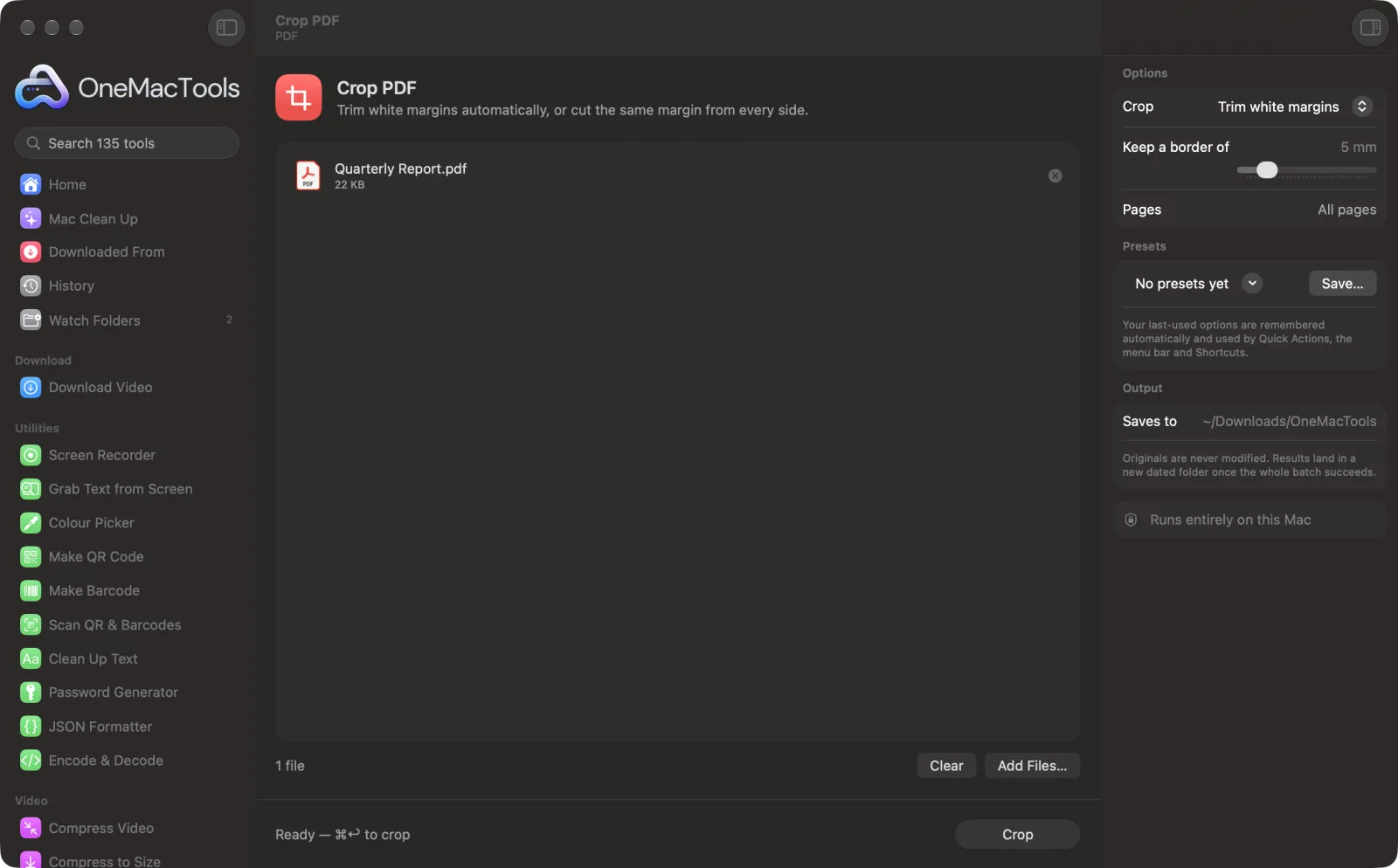 Crop PDF in OneMacTools on a Mac, with sample files and its options