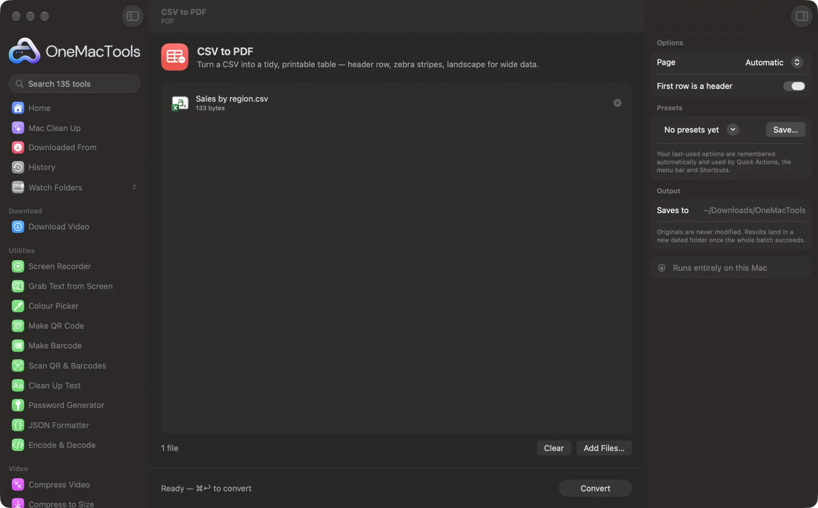 CSV to PDF in OneMacTools on a Mac, with sample files and its options