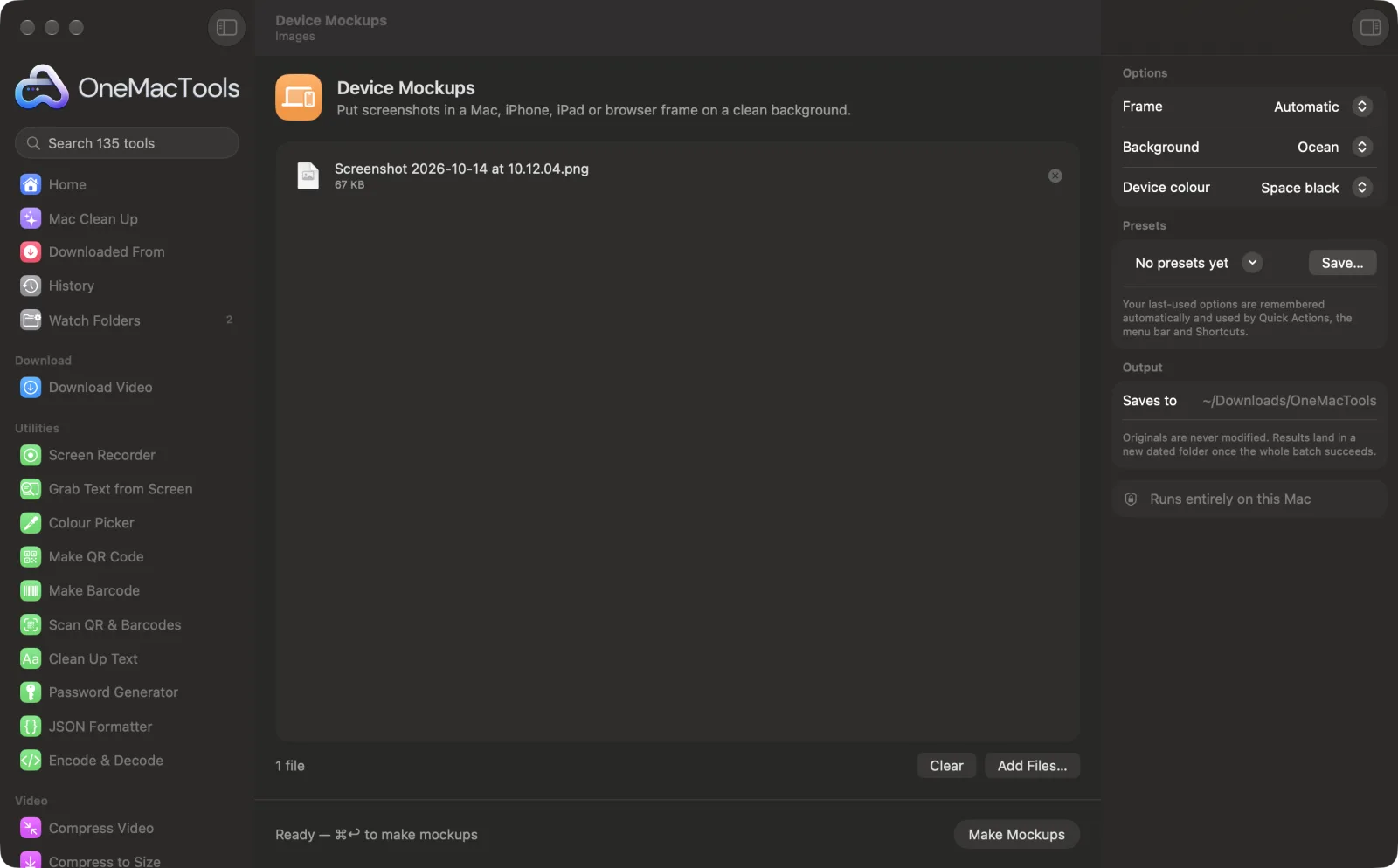 Device Mockups in OneMacTools on a Mac, with sample files and its options