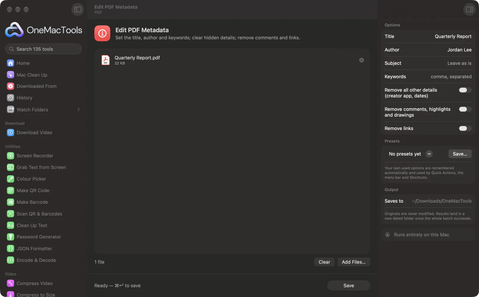 Edit PDF Metadata in OneMacTools on a Mac, with sample files and its options