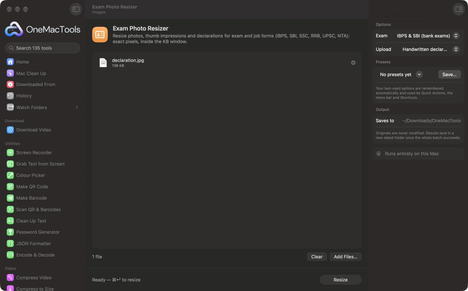 Exam Photo Resizer in OneMacTools on a Mac, with sample files and its options