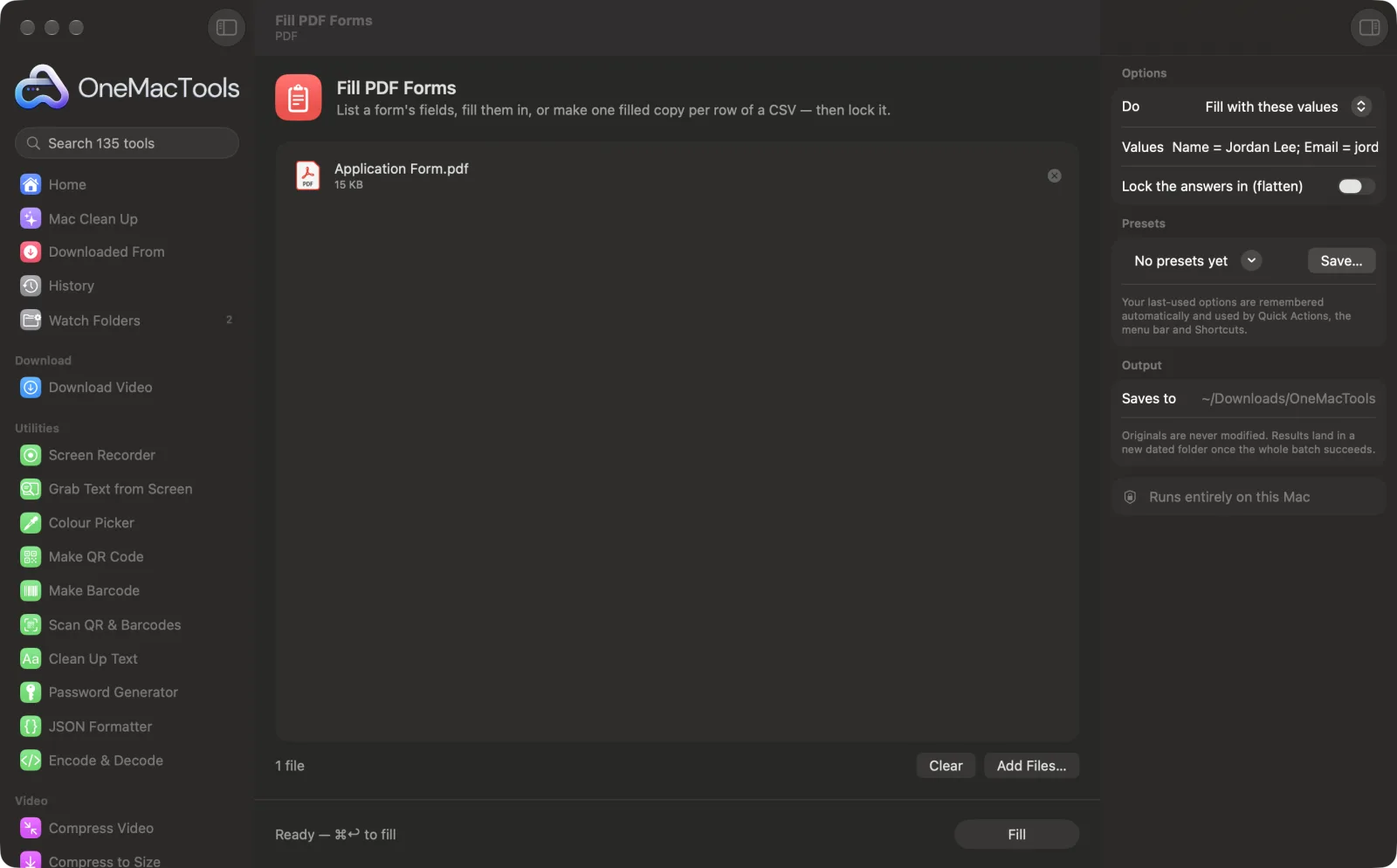 Fill PDF Forms in OneMacTools on a Mac, with sample files and its options