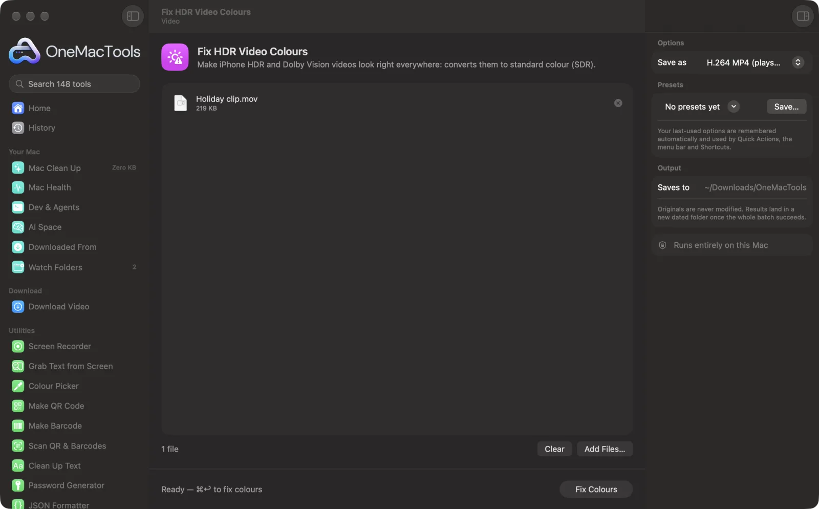 Fix HDR Video Colours in OneMacTools on a Mac, with sample files and its options