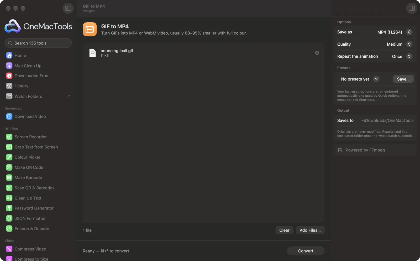 GIF to MP4 in OneMacTools on a Mac, with sample files and its options