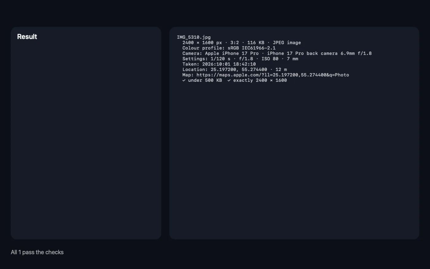 The result of Image Info & EXIF Viewer on the sample files