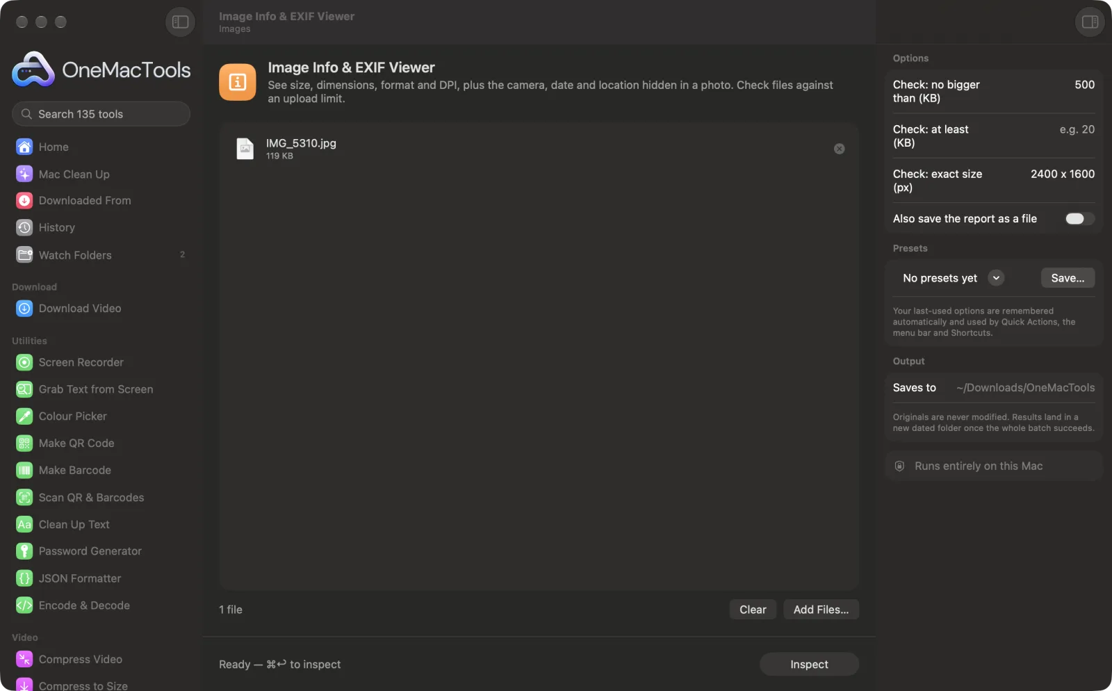 Image Info & EXIF Viewer in OneMacTools on a Mac, with sample files and its options