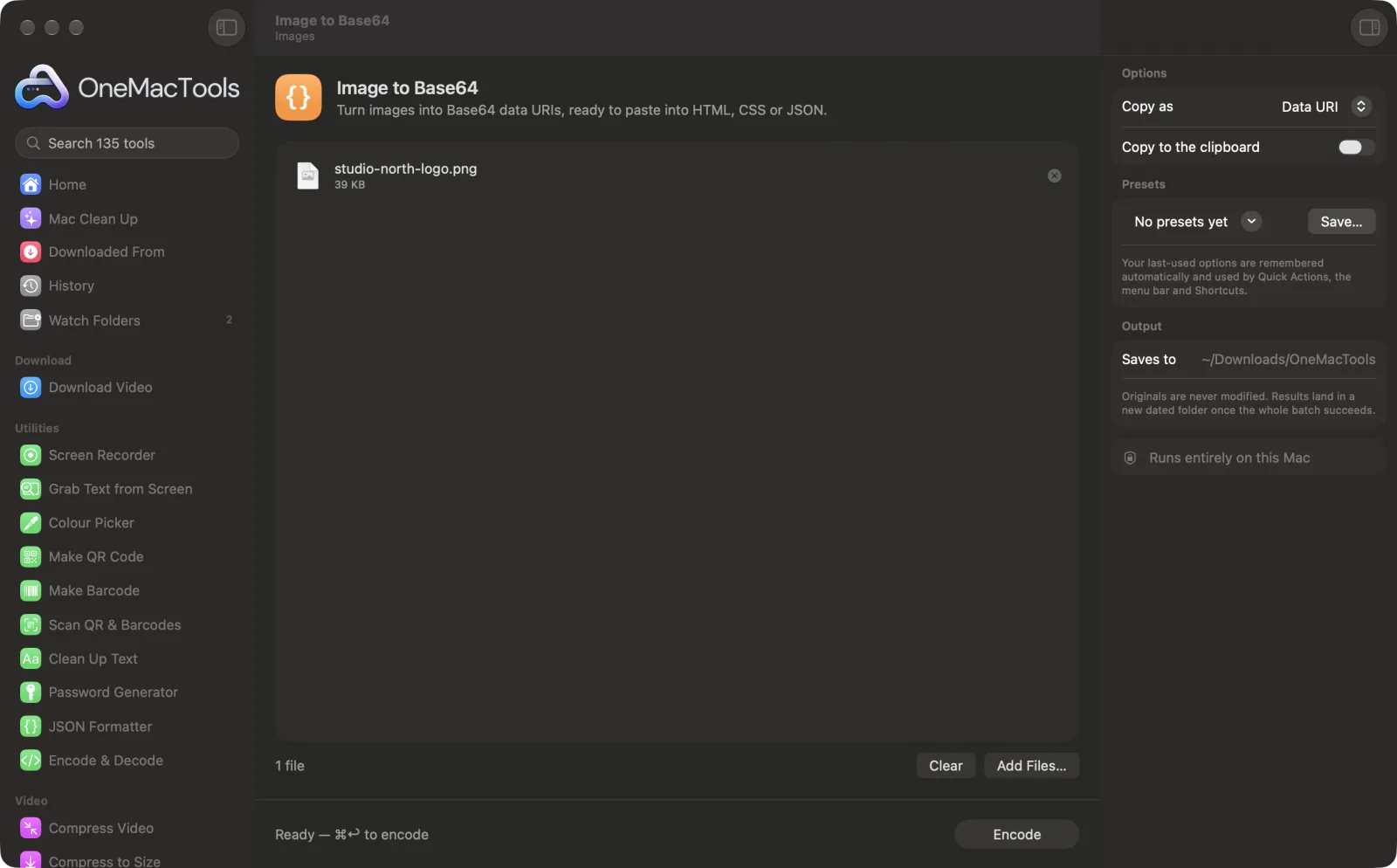Image to Base64 in OneMacTools on a Mac, with sample files and its options