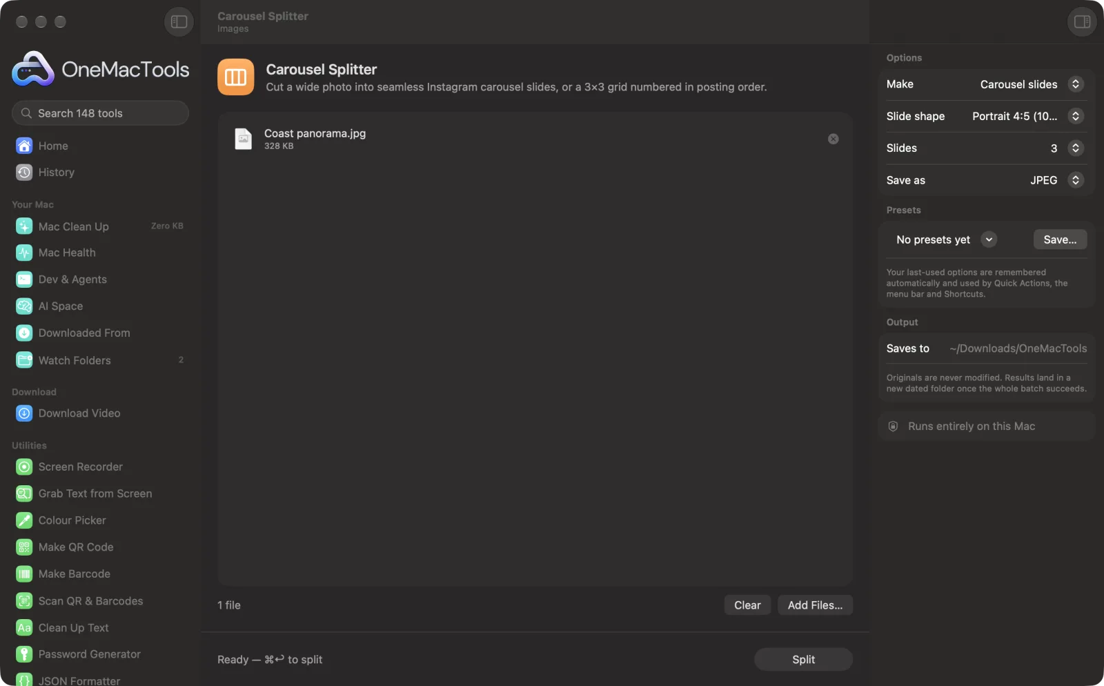 Carousel Splitter in OneMacTools on a Mac, with sample files and its options