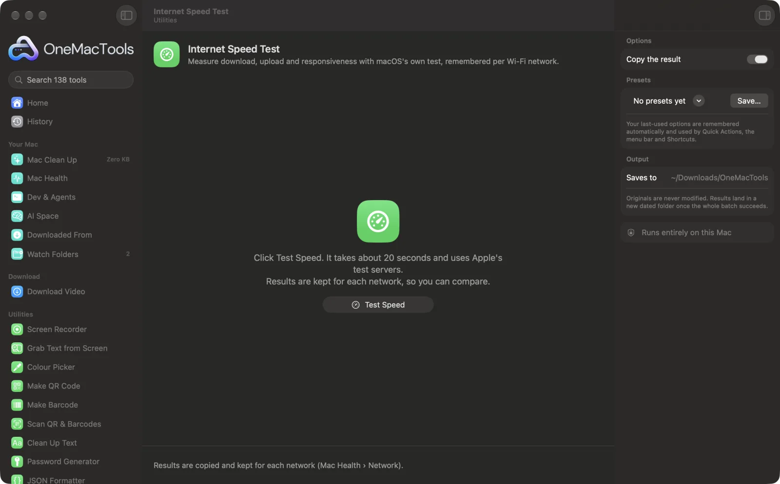 Internet Speed Test in OneMacTools on a Mac, with sample files and its options