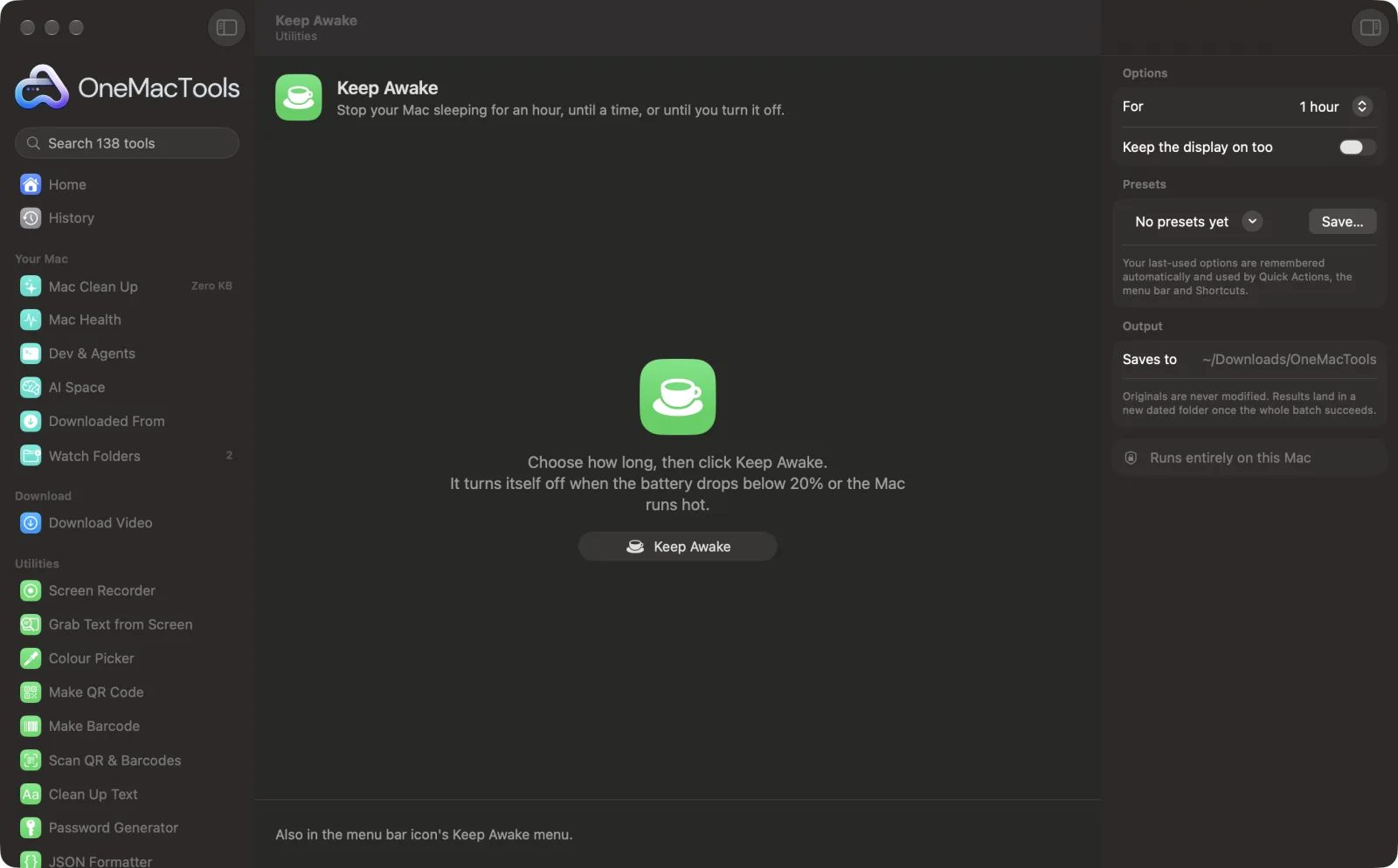 Keep Awake in OneMacTools on a Mac, with sample files and its options