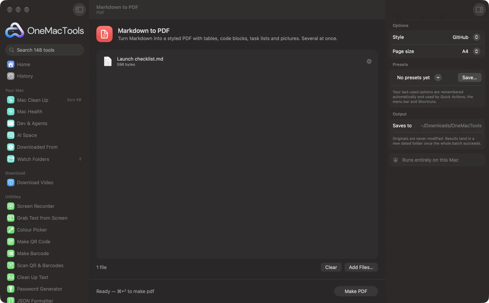 Markdown to PDF in OneMacTools on a Mac, with sample files and its options