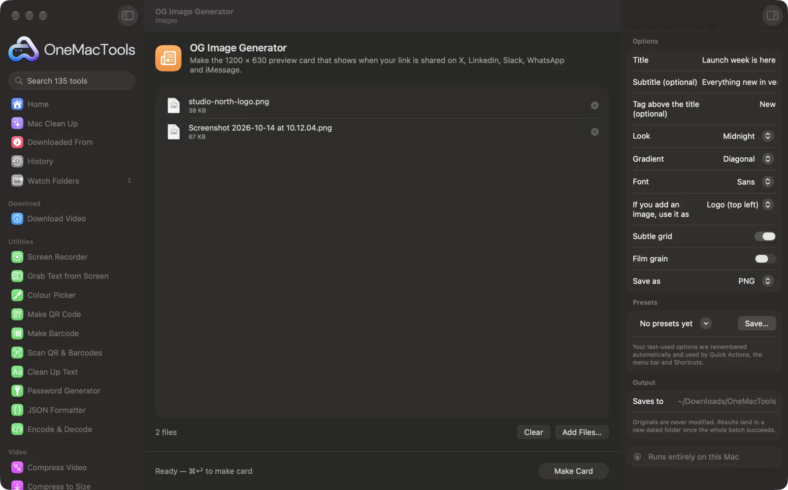 OG Image Generator in OneMacTools on a Mac, with sample files and its options