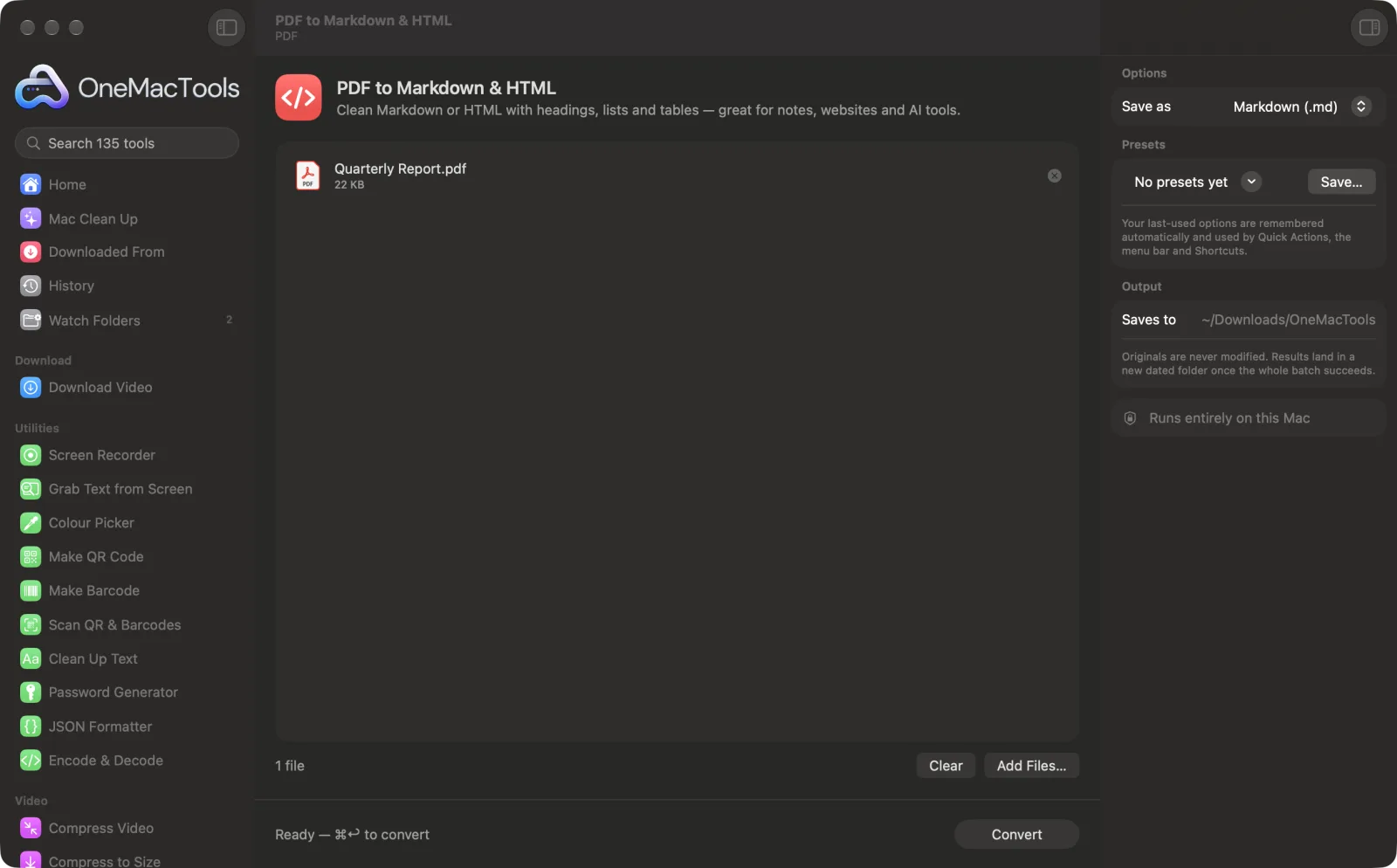 PDF to Markdown & HTML in OneMacTools on a Mac, with sample files and its options