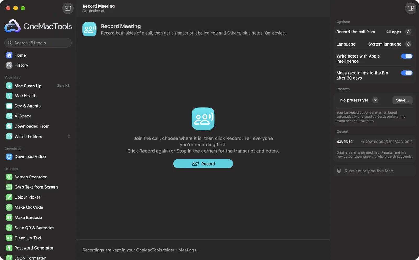 Record Meeting in OneMacTools on a Mac, with sample files and its options