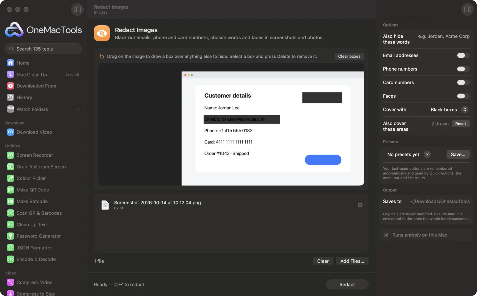 Redact Images in OneMacTools on a Mac, with sample files and its options
