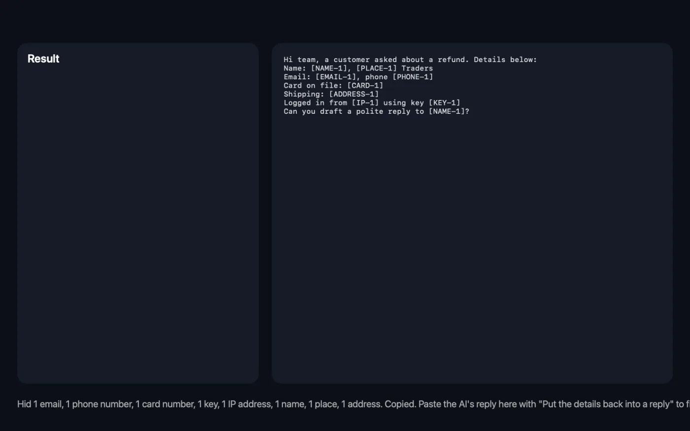 The result of Redact Text for AI on the sample files