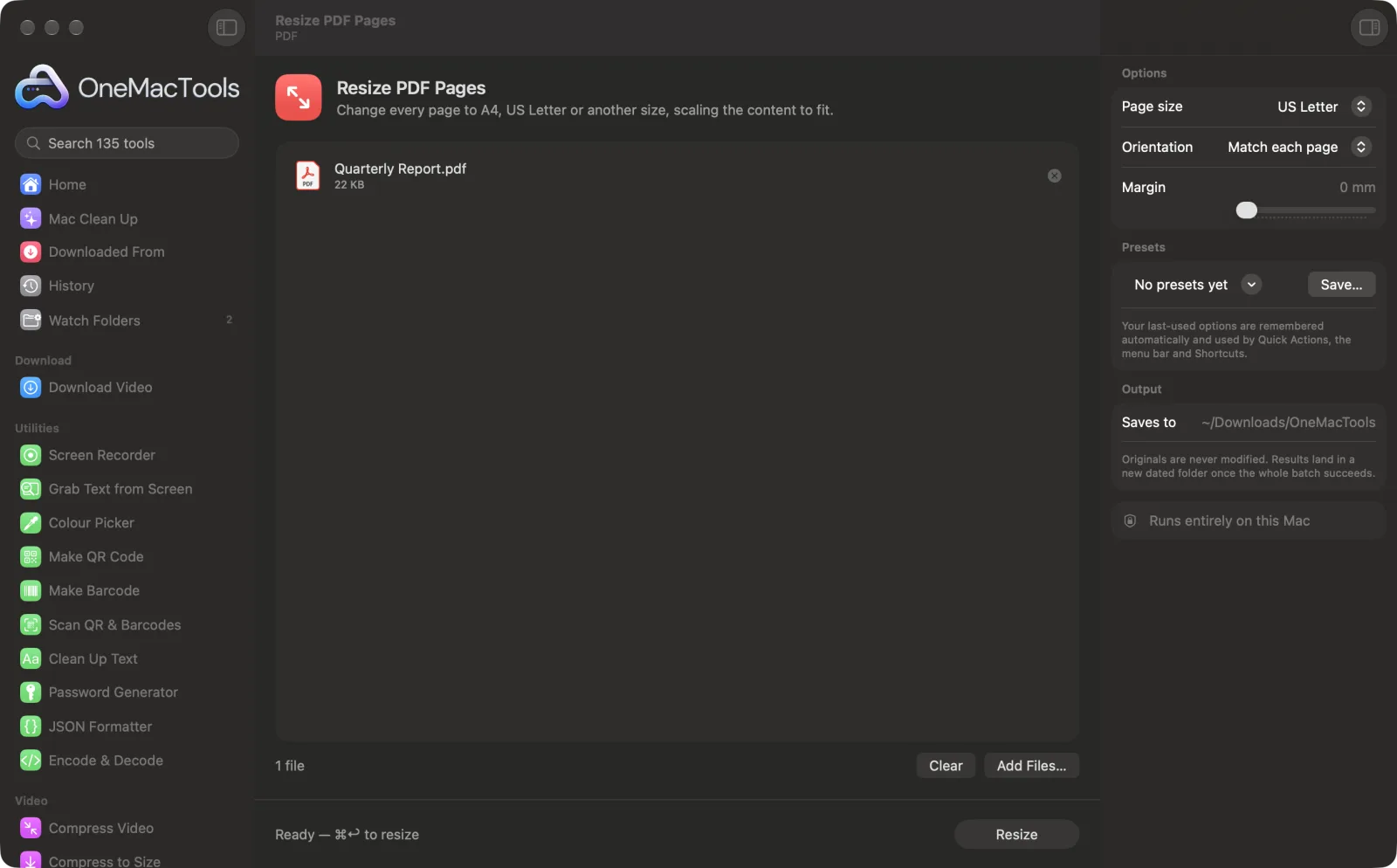 Resize PDF Pages in OneMacTools on a Mac, with sample files and its options