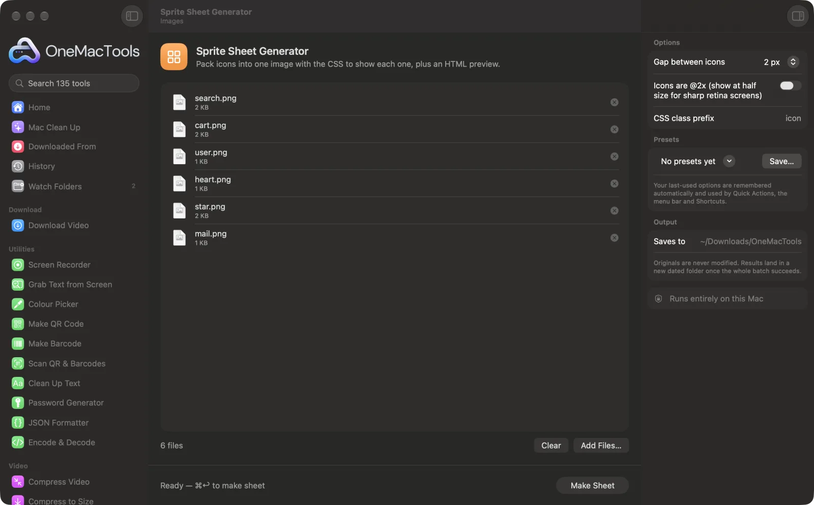 Sprite Sheet Generator in OneMacTools on a Mac, with sample files and its options