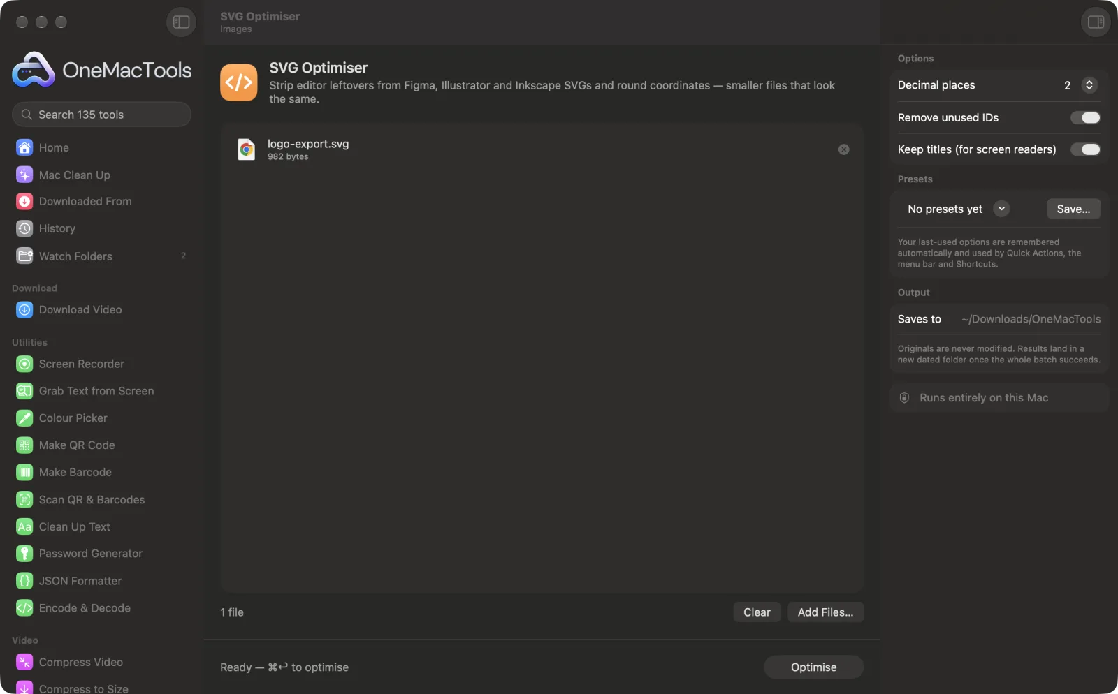 SVG Optimiser in OneMacTools on a Mac, with sample files and its options