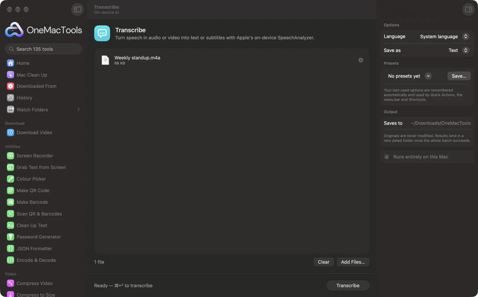 Transcribe in OneMacTools with sample files loaded and the options panel open