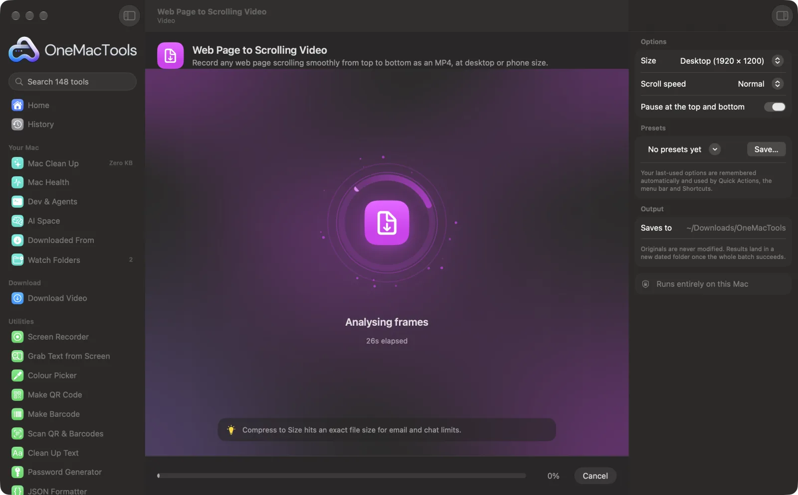 Web Page to Scrolling Video in OneMacTools on a Mac, with sample files and its options